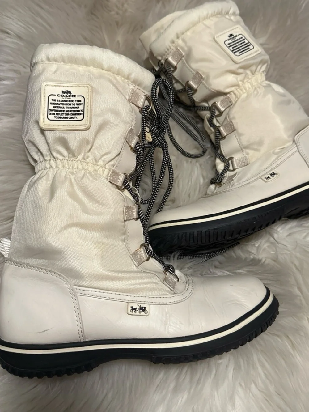 Coach Cream/Black Lace-Up Insulated Winter Boots